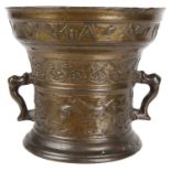 A Dutch two handled bronze mortar in the style of Gerrit Schimmel, Deventer, dated 1596