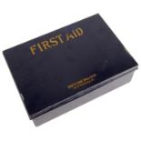 A vintage navy blue Boots 'First Aid' tin
