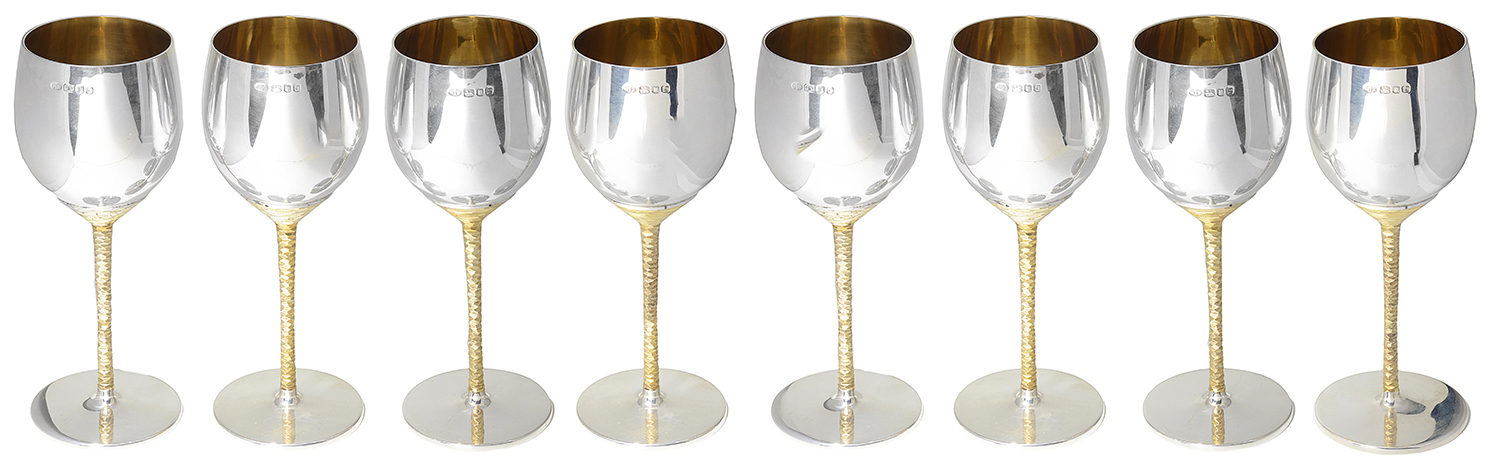 Stuart Leslie Devlin set of eight parcel-gilt silver wine goblets, hallmarked London 1972