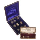 A Victorian rose diamond and seed pearl set part cufflink and stud set