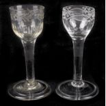 Two engraved plain stem wine glasses, mid 18th century