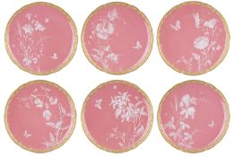 A set of six Royal Crown Derby pink ground cabinet plates, circa 1901
