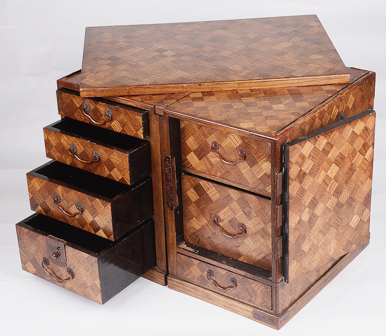 A Japanese Hakone wear parquetry miniature desk, late 19th century - Image 3 of 3