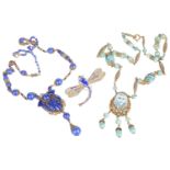 Two Art Deco Egyptian revival Czech glass bead pendant necklaces