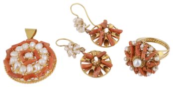 A Continental branch coral and river pearl suite of jewellery