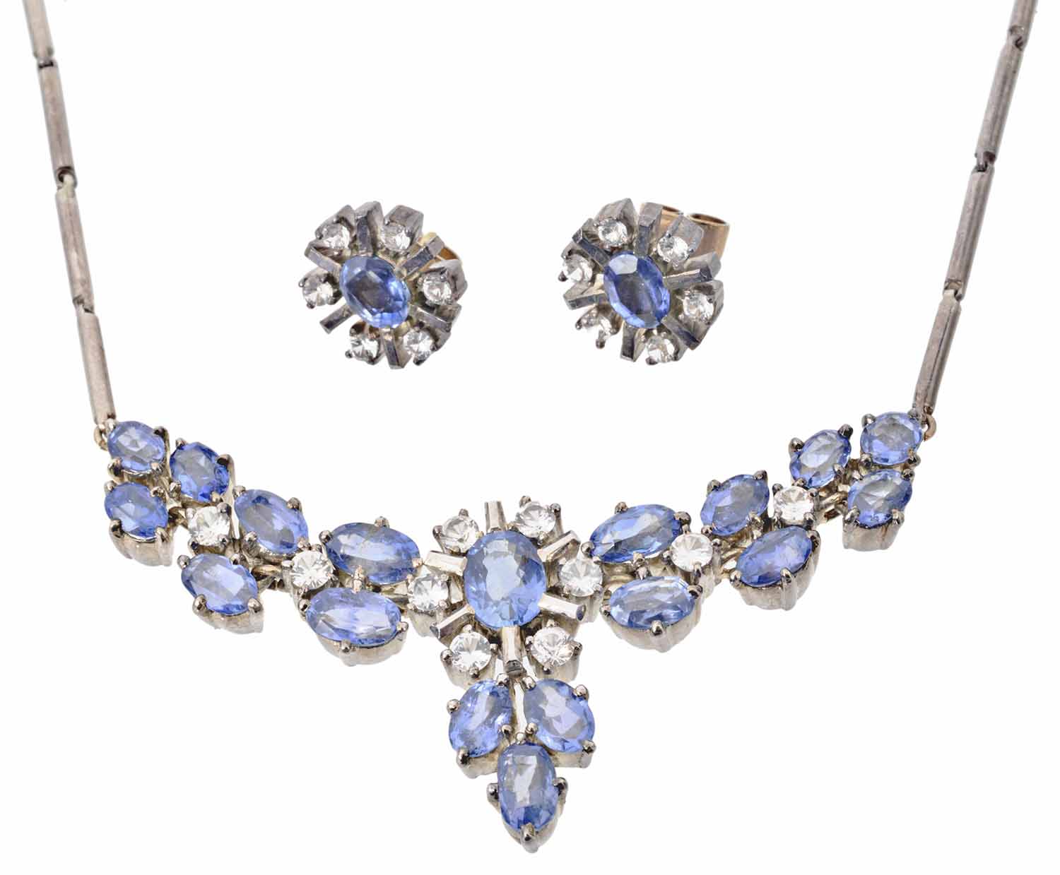 An attractive blue and white gem set necklace and earrings