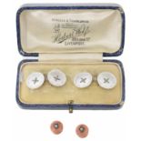 Edwardian gold and mother of pearl cufflinks; Vict. coral studs