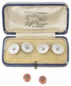 Edwardian gold and mother of pearl cufflinks; Vict. coral studs