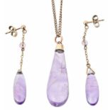 An Art Deco amethyst drop pendant and drop earrings