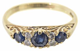 A three stone Victorian style sapphire and diamond point ring