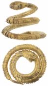 A pair of impressive antique Oriental coiled dragon arm bracelets