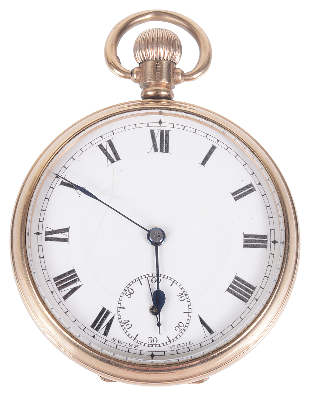 A 9ct rose gold open faced pocket watch; Albert watch chain