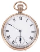 A 9ct rose gold open faced pocket watch; Albert watch chain