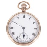 A 9ct rose gold open faced pocket watch; Albert watch chain