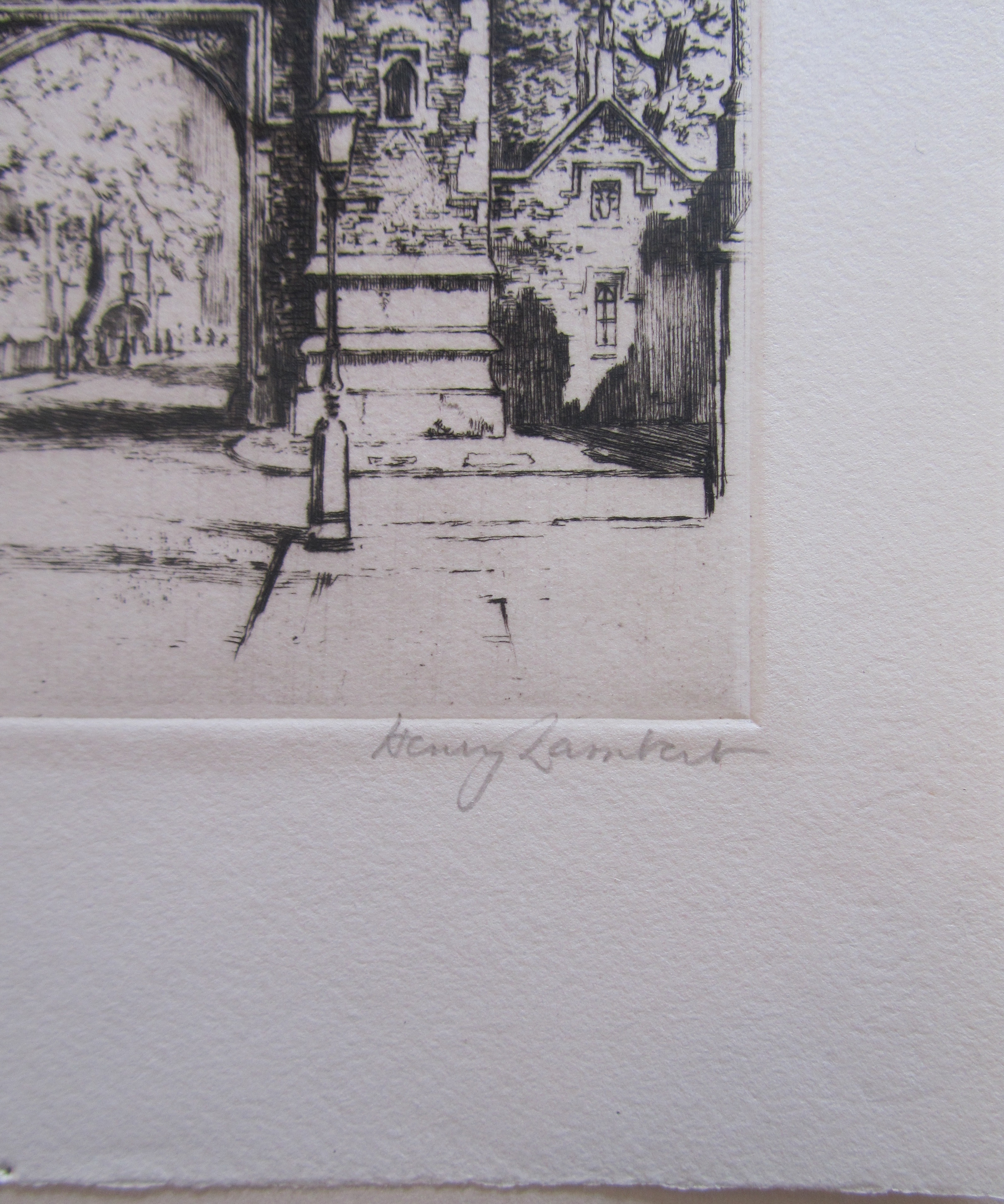 Terence Henry Lambert (British, b.1891) 'Piccadilly Circus' & Lincoln's Inn' London, etchings - Image 3 of 5