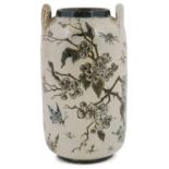 A stoneware Martin Bros. twin handled vase decorated with contrasting insects