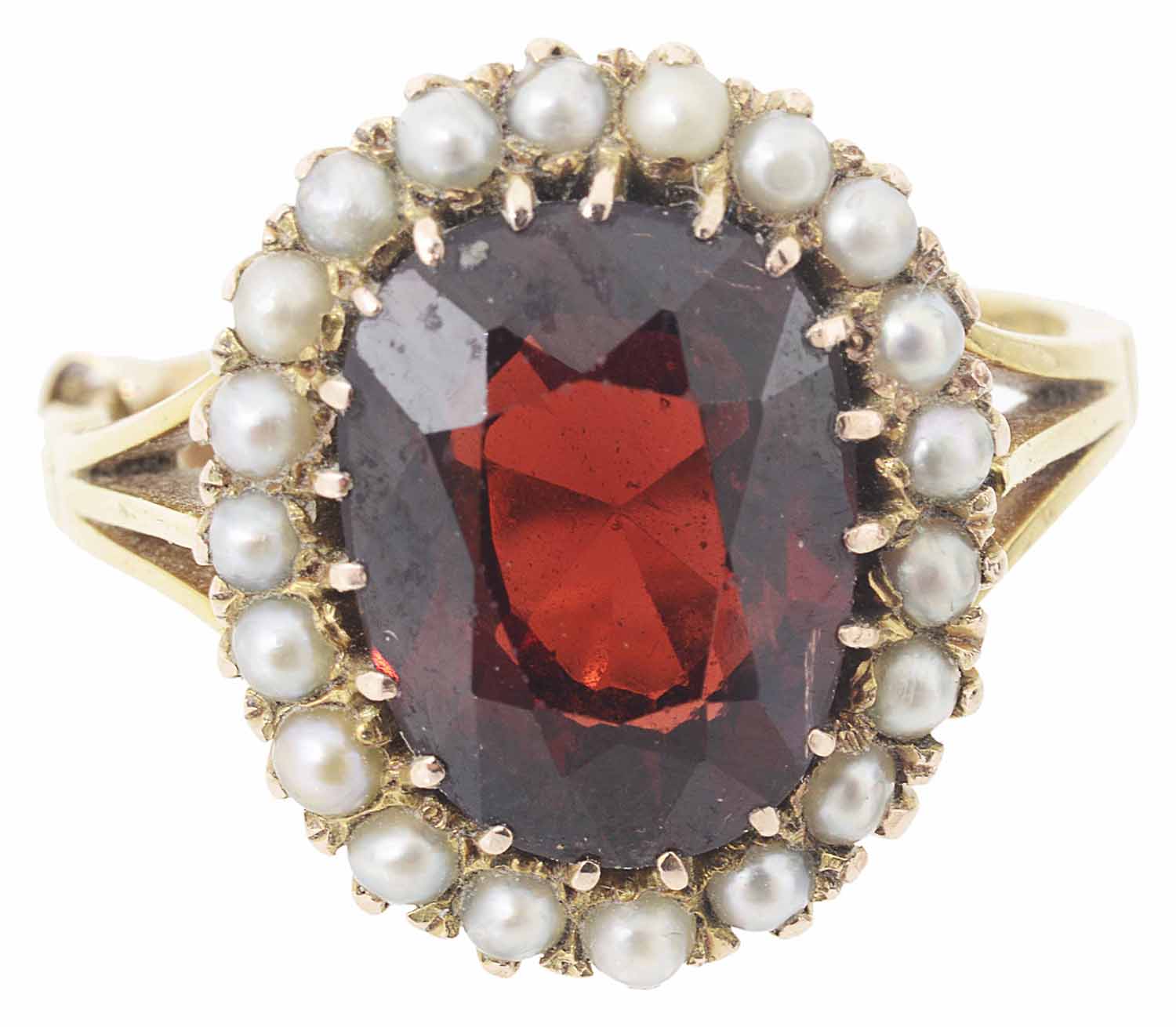A large oval garnet and half cultured pearl cluster ring