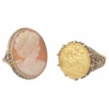 A gold mounted Edward VII half sovereign set ring and a cameo ring,