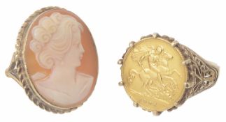 A gold mounted Edward VII half sovereign set ring and a cameo ring,