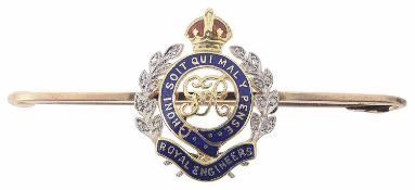 A diamond set rose gold Royal Engineers enamelled sweetheart pin