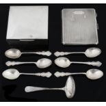 Edwardian and later silver flatware, cigarette box, cigarette case