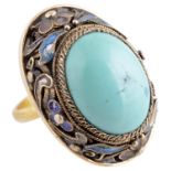 A large Chinese yellow metal cloisonné and turquoise set dress ring