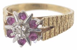 A ruby and diamond set cluster ring, c1970