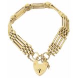 A delicate 18ct gold four bar gate bracelet; padlock fastening