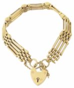 A delicate 18ct gold four bar gate bracelet; padlock fastening