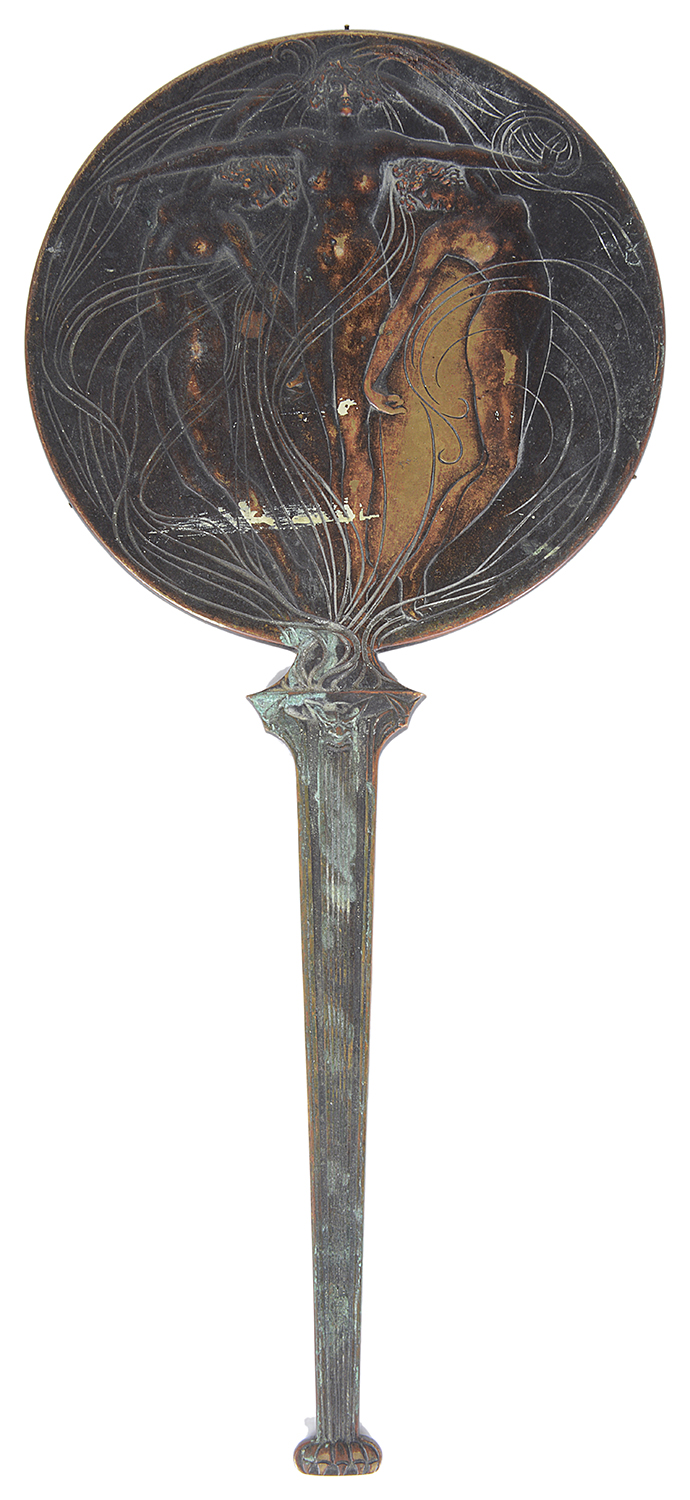 A rare bronze hand held mirror by René Lalique