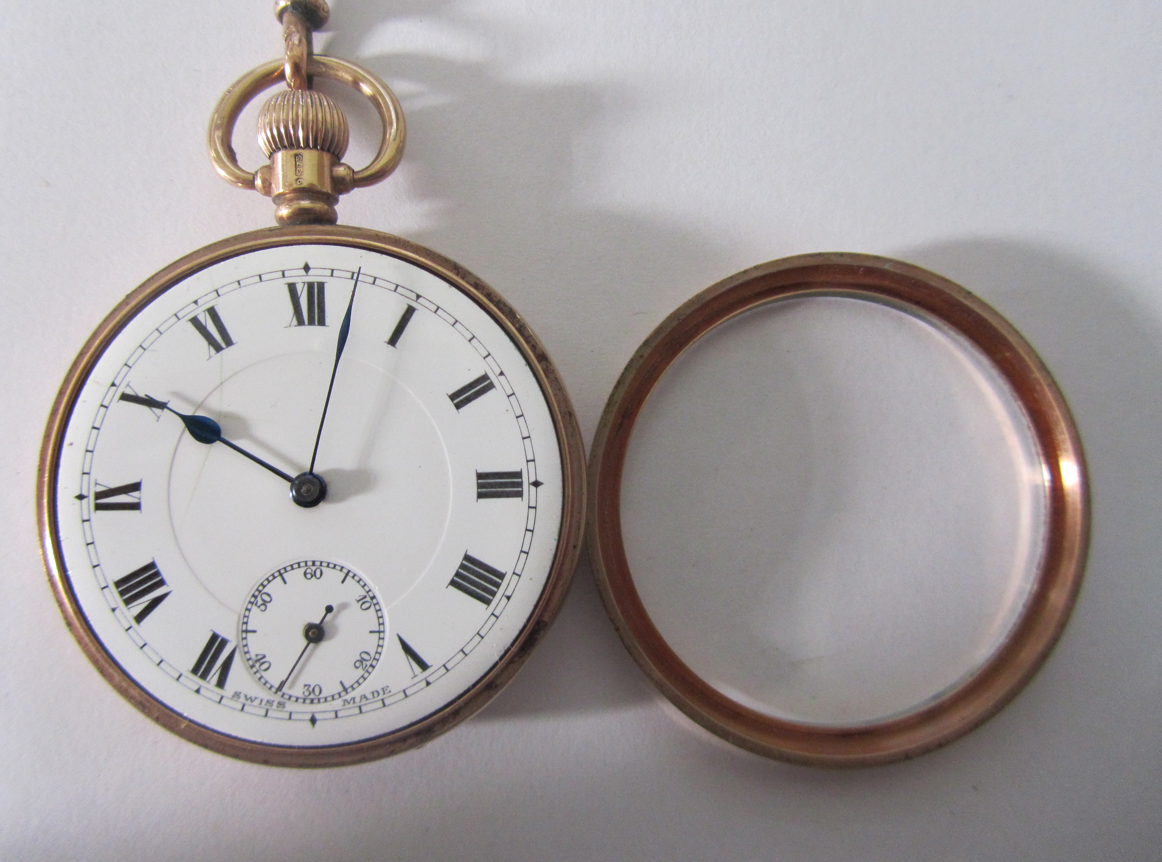 A 9ct rose gold open faced pocket watch; Albert watch chain - Image 4 of 7