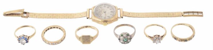 A 9ct gold wristwatch on gold bracelet together with various rings