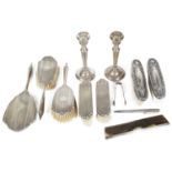Selection of silver, dressing brushes, candlesticks, others