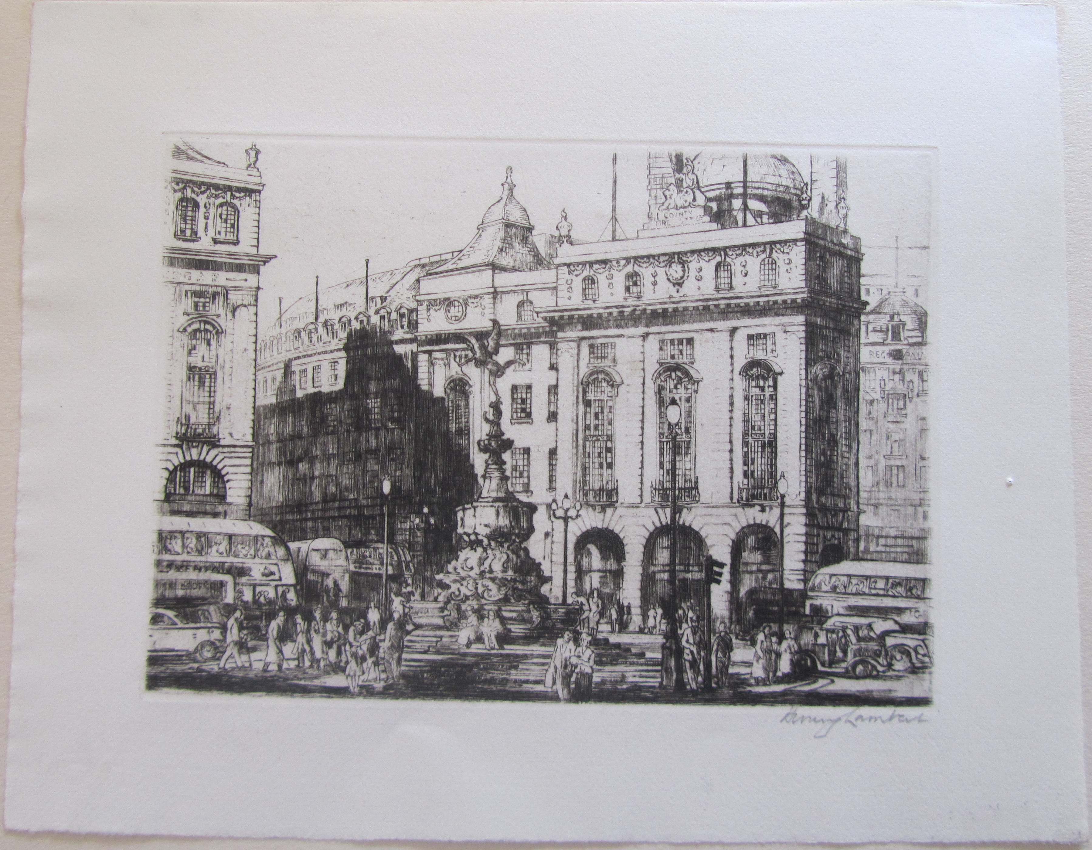 Terence Henry Lambert (British, b.1891) 'Piccadilly Circus' & Lincoln's Inn' London, etchings - Image 4 of 5