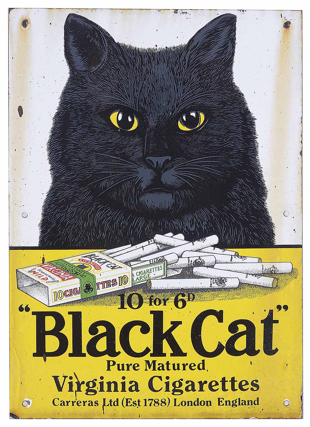 Black Cat Pure Matured Virginia Cigarettes' enamel advertising sign