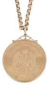 A Mexican gold 50 Pesos coin pendant on chain