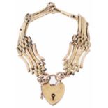 9ct rose gold five bar gate bracelet with heart padlock fastening