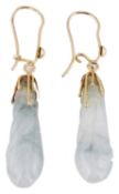 A pair of attractive carved jade pendant drop earrings