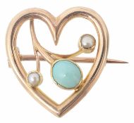 An Arts & Crafts turquoise and pearl set heart shaped brooch