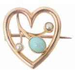 An Arts & Crafts turquoise and pearl set heart shaped brooch