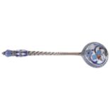 A Russian silver-gilt cloisonné condiment spoon