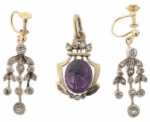 An Continental amethyst scarab and rose diamond set pendant, c1900