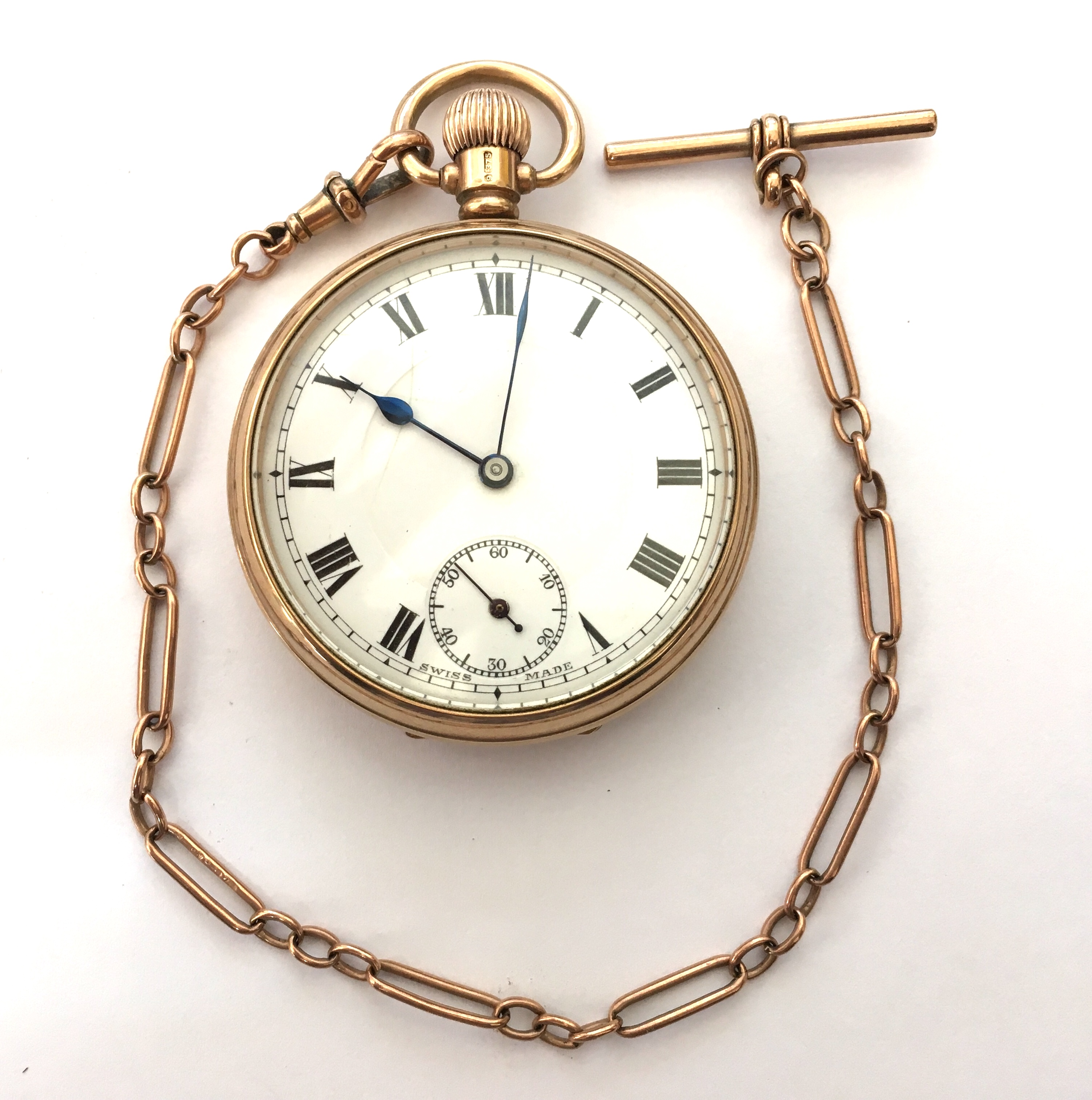 A 9ct rose gold open faced pocket watch; Albert watch chain - Image 3 of 7