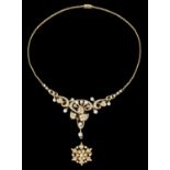 Vict. diamond and pearl set scroll pendant necklace