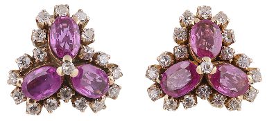 A pair of Continental ruby and diamond trefoil design cluster earrings