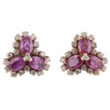 A pair of Continental ruby and diamond trefoil design cluster earrings