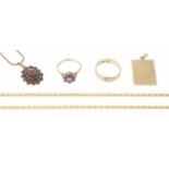 Collection of gold jewellery including a garnet cluster pendant