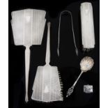 An Art Deco three piece silver dressing table brushes; others