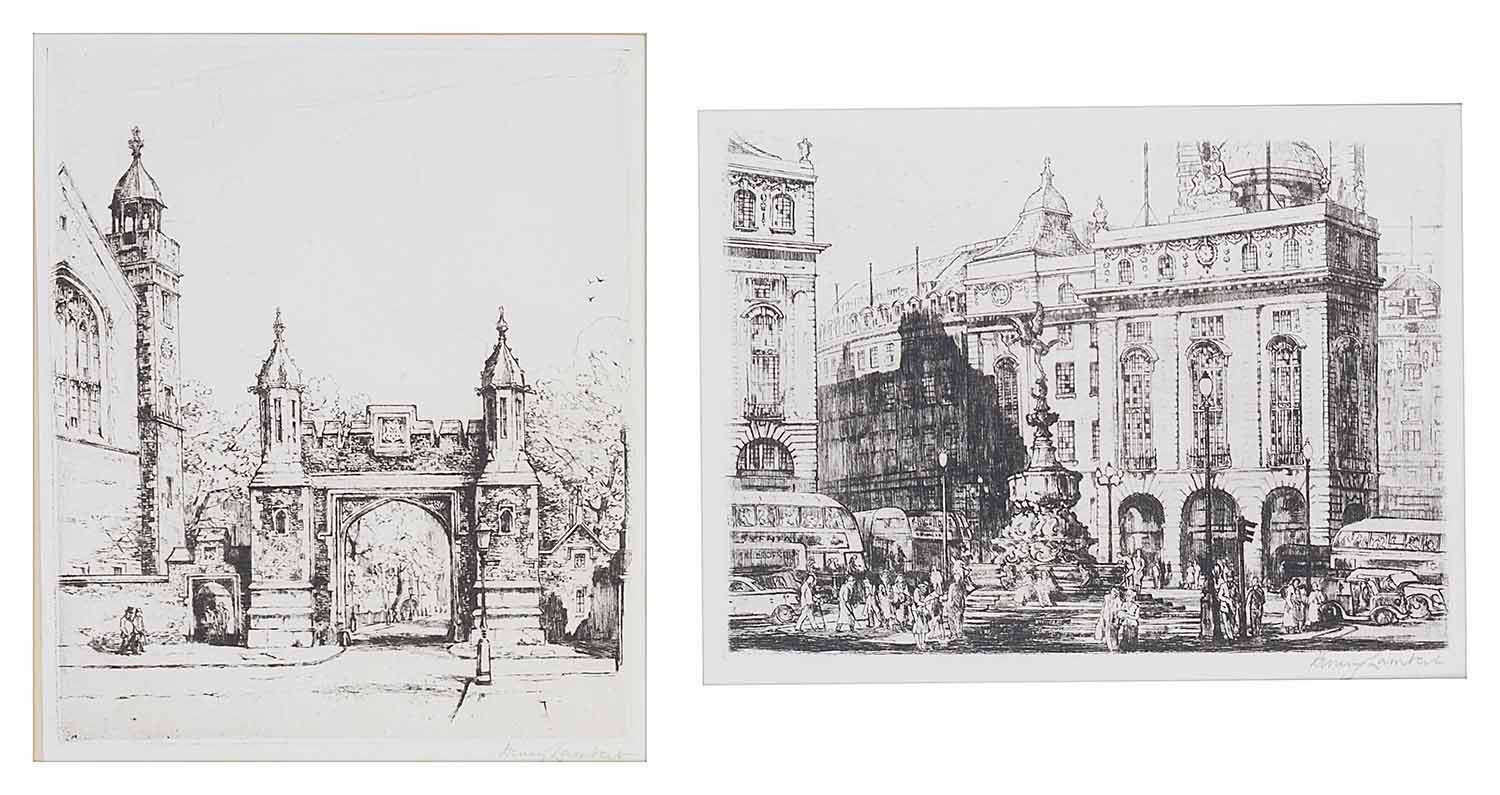 Terence Henry Lambert (British, b.1891) 'Piccadilly Circus' & Lincoln's Inn' London, etchings