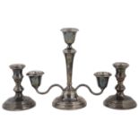 Pair of silver candlesticks; silver three two branch candelabra